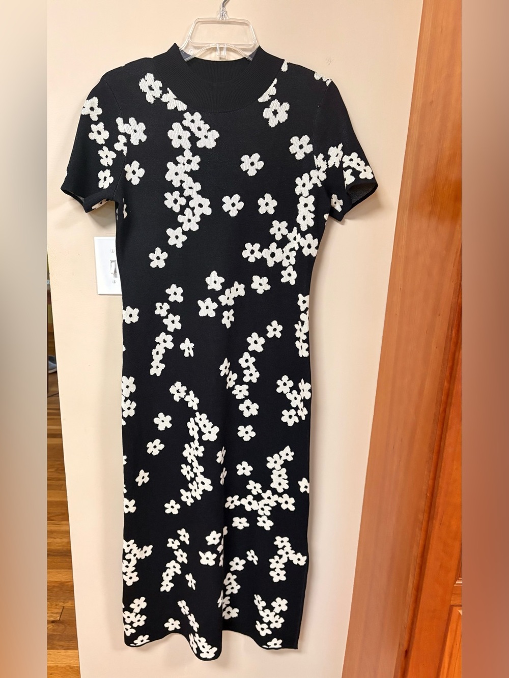 CeCe Black Knit Midi Dress with White Floral Print